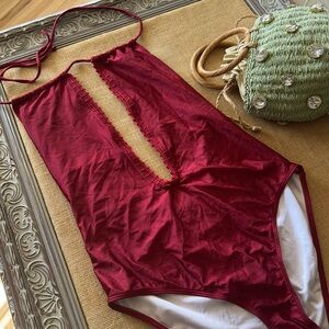 NWOT Women’s Deep V One-Piece Swimsuit - Burgundy